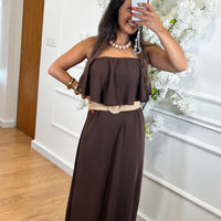 Vestido Com folho em Castanho