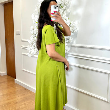 Vestido Midi oversize com folho na manga Verde Azeitona