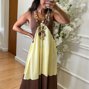 Vestido Bicolor Castanho e Amarelo