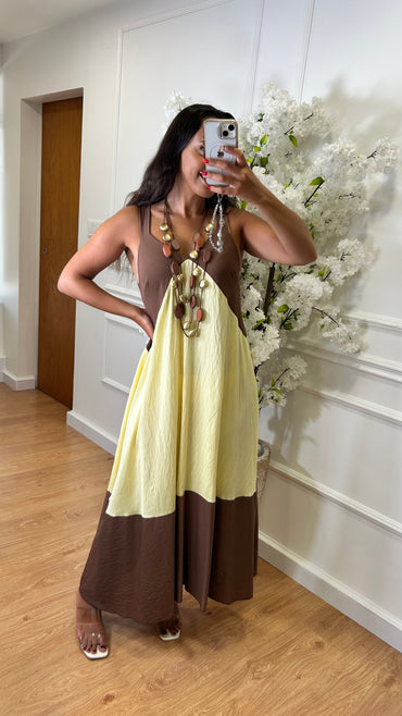 Vestido Bicolor Castanho e Amarelo