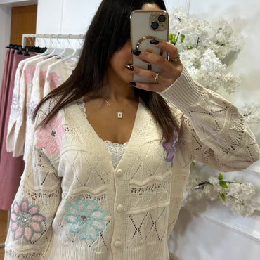 Cardigan com Flores em Rosa