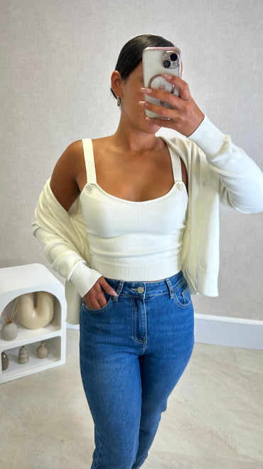 Conjunto Cardigan com perolas+ Top Branco