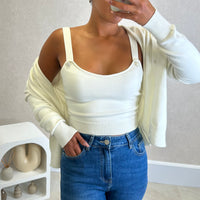 Conjunto Cardigan com perolas+ Top Branco