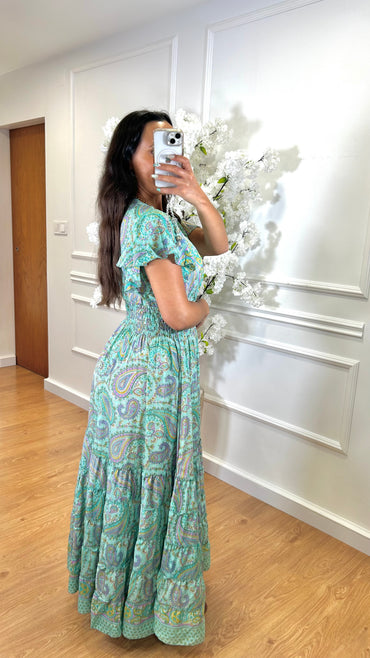 Vestido Indiano Com Manga Verde Água