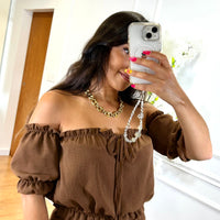 Conjunto top repuxado + Pantalona Castanho