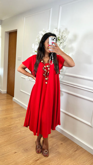 Vestido Midi oversize com folho na manga Vermelho