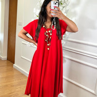 Vestido Midi oversize com folho na manga Vermelho