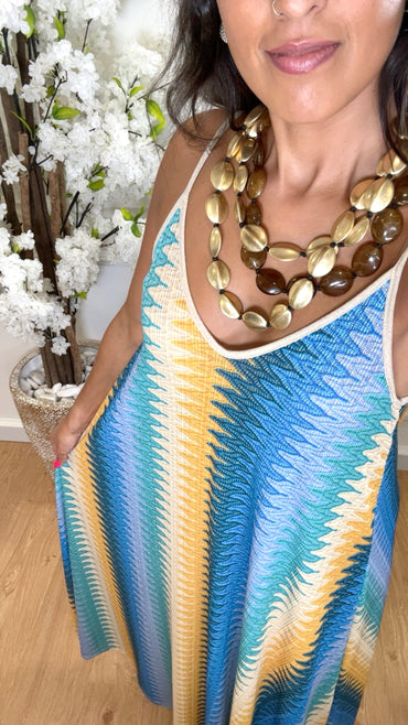 Vestido Zig Zag com fio dourado em Azul